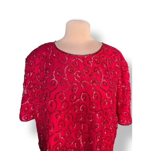 Vintage Joseph LeBon Red Silk Sequin Swirl Beaded Blouse Plus Size 26W Evening - Picture 1 of 10